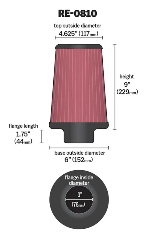 Wholesale K&N Universal Rubber Filter 3inch FLG / 6inch OD-B / 4-5/8inch OD-T / 9inch L