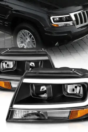 Reduced Price ANZO 99-04 Jeep Grand Cherokee Crystal Headlights - w/ Light Bar Black Housing