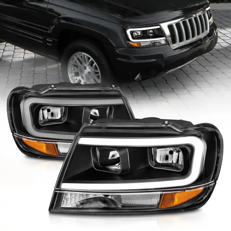 Reduced Price ANZO 99-04 Jeep Grand Cherokee Crystal Headlights - w/ Light Bar Black Housing