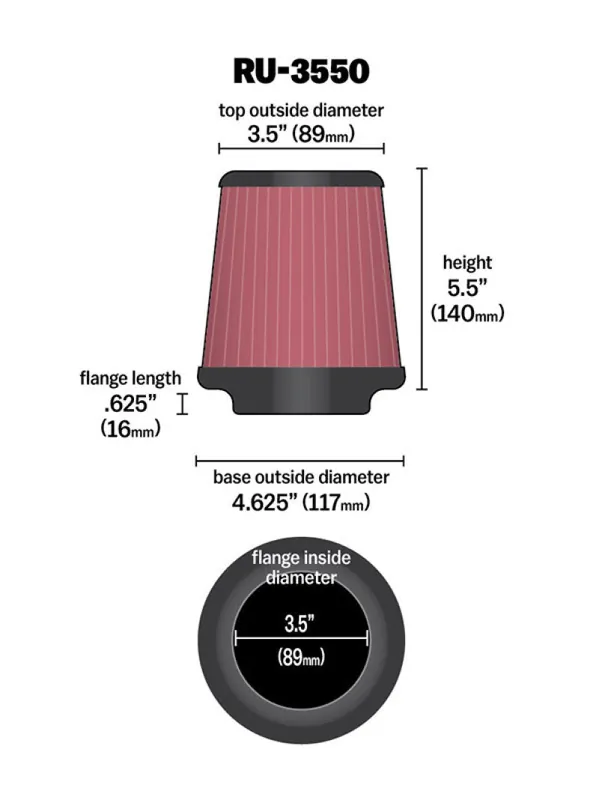 Last Chance K&N Universal Rubber Filter 3 1/2 inch FLG / 4 5/8 inch Base / 3-1/2 inch Top / 5 1/2 inch Height