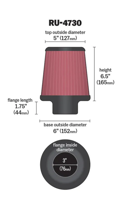 Best Choice K&N Filter 3 inch Flange 6 inch Base 5 Top 6 1/2 inch Height