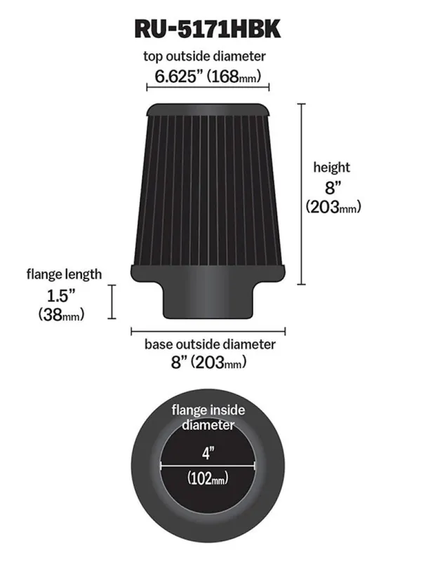 Flash Sale K&N Universal Rubber Filter-Round Tapered 4in Flange ID x 8in Base OD x 6.625in Top OD x 8in H