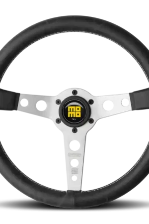 Budget Momo Prototipo Steering Wheel 350 mm - Black Leather/White Stitch/Brshd Spokes