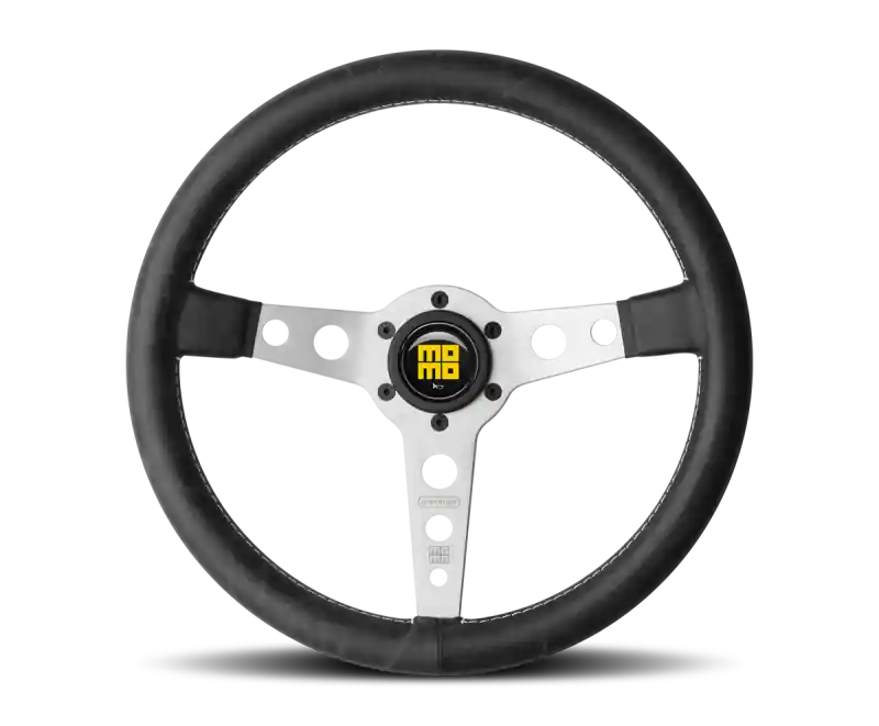 Budget Momo Prototipo Steering Wheel 350 mm - Black Leather/White Stitch/Brshd Spokes