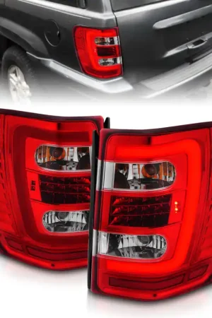 Hassle-Free Returns ANZO 1999-2004 Jeep Grand Cherokee LED Tail Lights w/ Light Bar Chrome Housing Red/Clear Lens