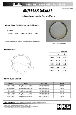 HKS Muffler Gasket 66mm ID 74mm OD Holiday Sale
