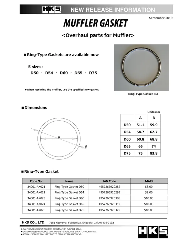 HKS Muffler Gasket 66mm ID 74mm OD Holiday Sale