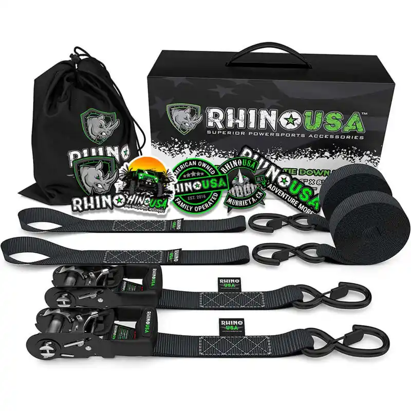Rhino USA Heavy Duty Ratchet Tie-Downs 2-Pack (Black) 1.6In X 8Ft Best Seller