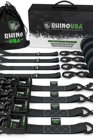 Price Drop Rhino USA Heavy Duty Ratchet Tie-Down 4-Pack (Black) 1.6In X 8Ft