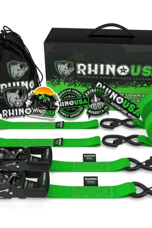 Rhino USA Heavy Duty Ratchet Tie-Downs 2-Pack (Green) 1.6In X 8Ft Free Returns