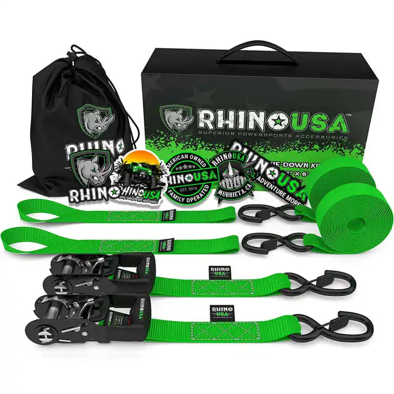 Rhino USA Heavy Duty Ratchet Tie-Downs 2-Pack (Green) 1.6In X 8Ft Free Returns