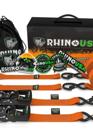 Rhino USA Heavy Duty Ratchet Tie-Downs 2-Pack (Orange) 1.6In X 8Ft Crafted