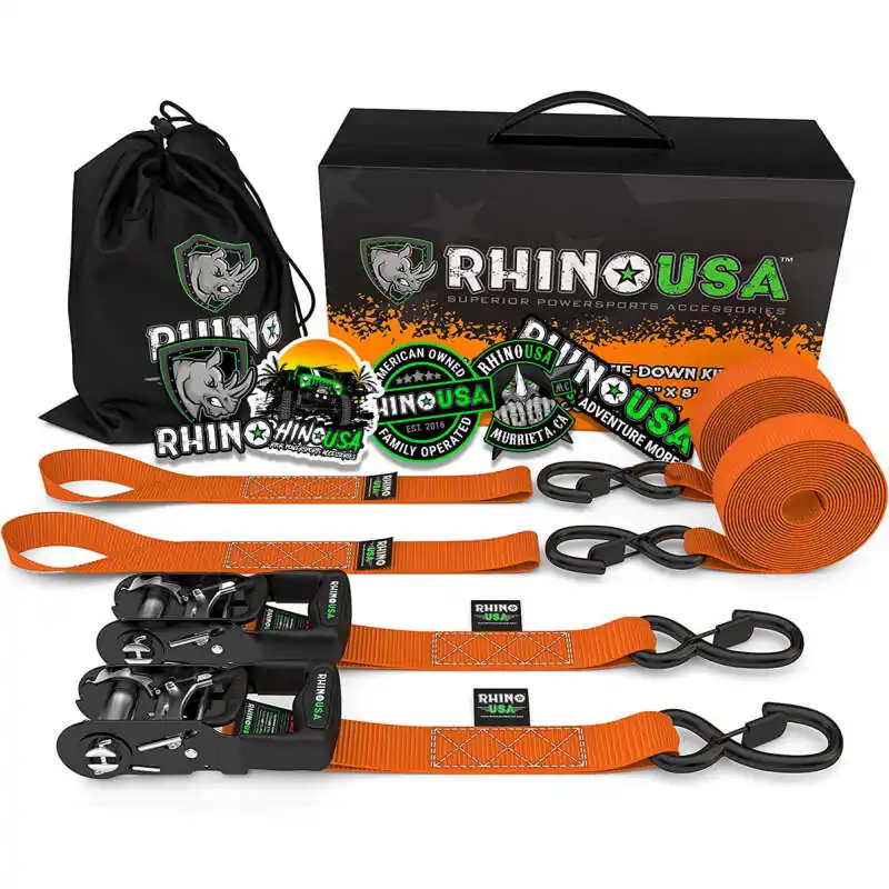 Rhino USA Heavy Duty Ratchet Tie-Downs 2-Pack (Orange) 1.6In X 8Ft Crafted