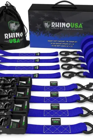 Rhino USA Heavy Duty Ratchet Tie-Down 4-Pack (Blue) 1.6In X 8Ft Direct From Factory