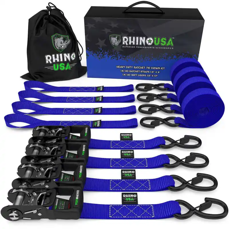 Rhino USA Heavy Duty Ratchet Tie-Down 4-Pack (Blue) 1.6In X 8Ft Direct From Factory