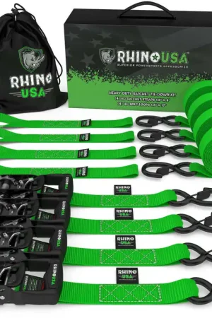 Rhino USA Heavy Duty Ratchet Tie-Down 4-Pack (Green) 1.6In X 8Ft Top Pick