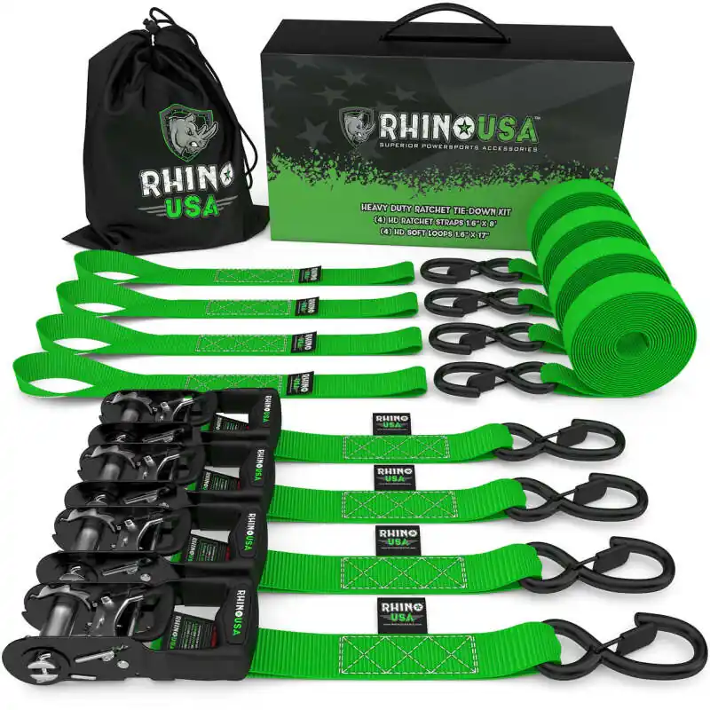 Rhino USA Heavy Duty Ratchet Tie-Down 4-Pack (Green) 1.6In X 8Ft Top Pick