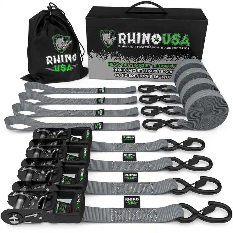 Rhino USA Heavy Duty Ratchet Tie-Down 4-Pack (Gray) 1.6In X 8Ft In Demand