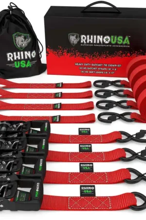 One Day Deal Rhino USA Heavy Duty Ratchet Tie-Down 4-Pack (Red) 1.6In X 8Ft