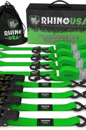 Affordable Rhino USA Medium Duty Ratchet Strap Tie-Down 4-Pack (Green)