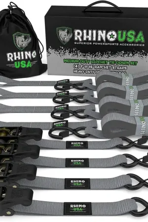 Rhino USA Medium Duty Ratchet Strap Tie-Down 4-Pack (Gray) Special Offer