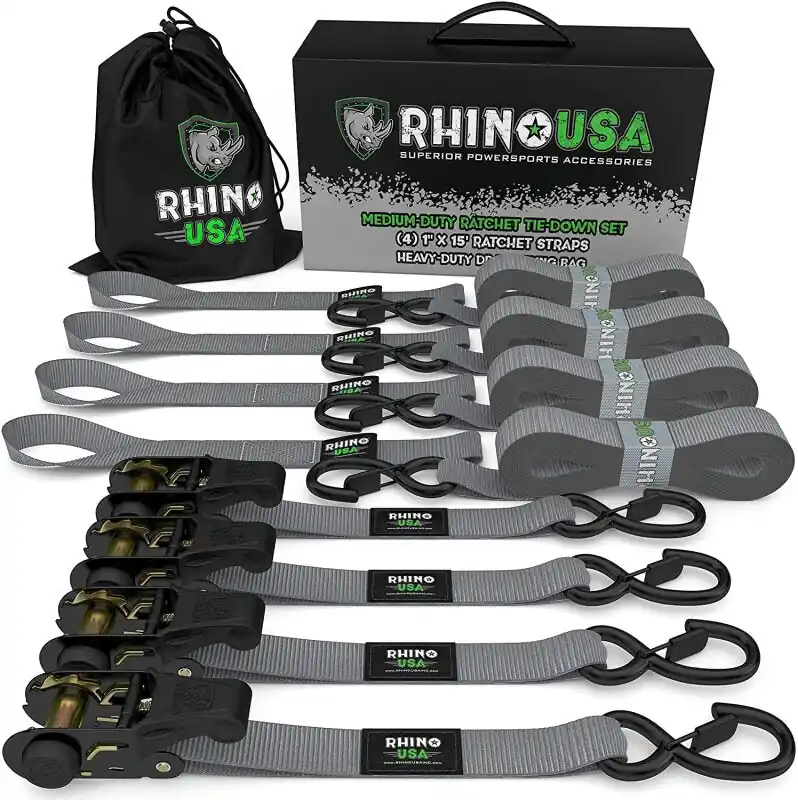 Rhino USA Medium Duty Ratchet Strap Tie-Down 4-Pack (Gray) Special Offer