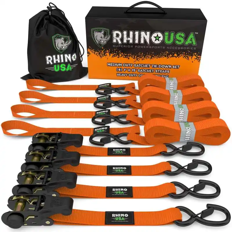 Best Choice Rhino USA Medium Duty Ratchet Strap Tie-Down 4-Pack (Orange)