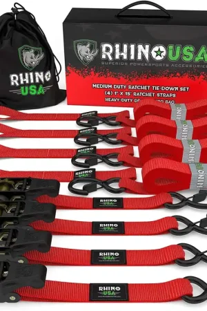 Save Now Rhino USA Medium Duty Ratchet Strap Tie-Down 4-Pack (Red)