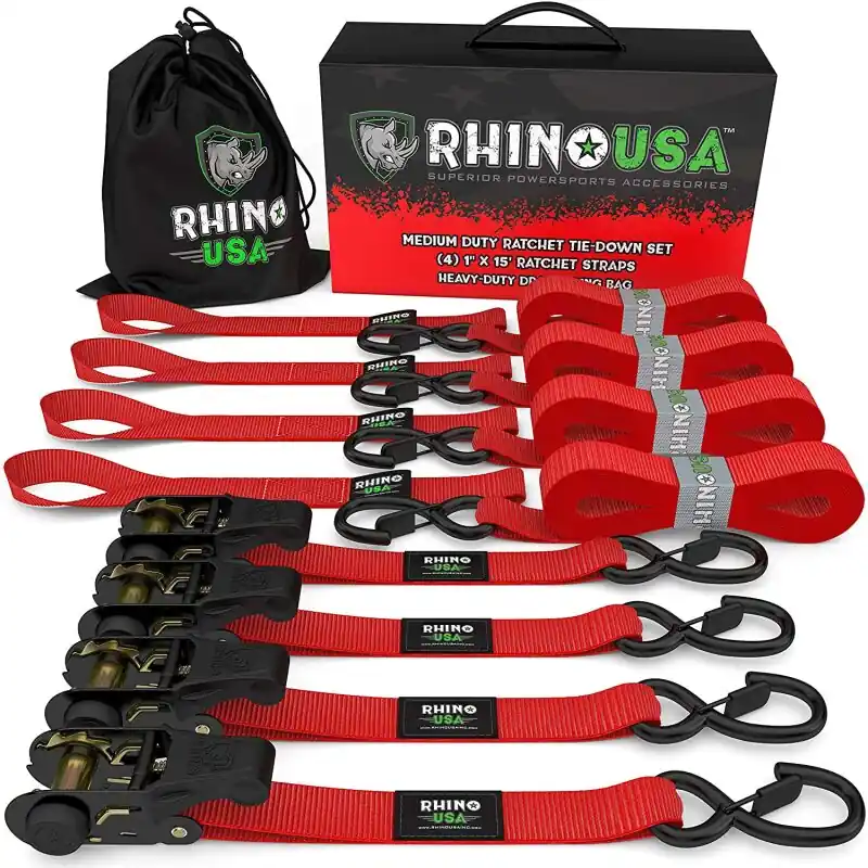 Save Now Rhino USA Medium Duty Ratchet Strap Tie-Down 4-Pack (Red)