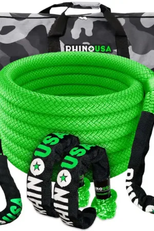 Rhino USA 7/8In X 30Ft Kinetic Rope Recovery Kit W/Soft Shackles (Green) Hassle-Free Returns