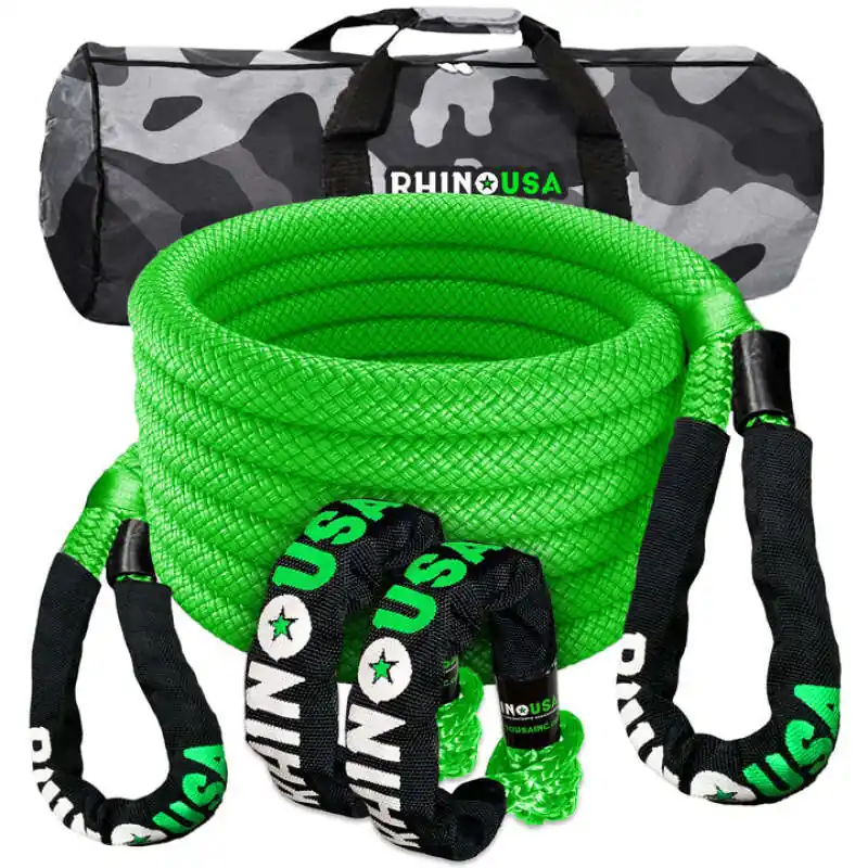 Rhino USA 7/8In X 30Ft Kinetic Rope Recovery Kit W/Soft Shackles (Green) Hassle-Free Returns