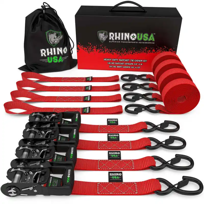 Rhino USA Heavy Duty Ratchet Tie-Down 4-Pack Red 1.6In X 15Ft Order Now