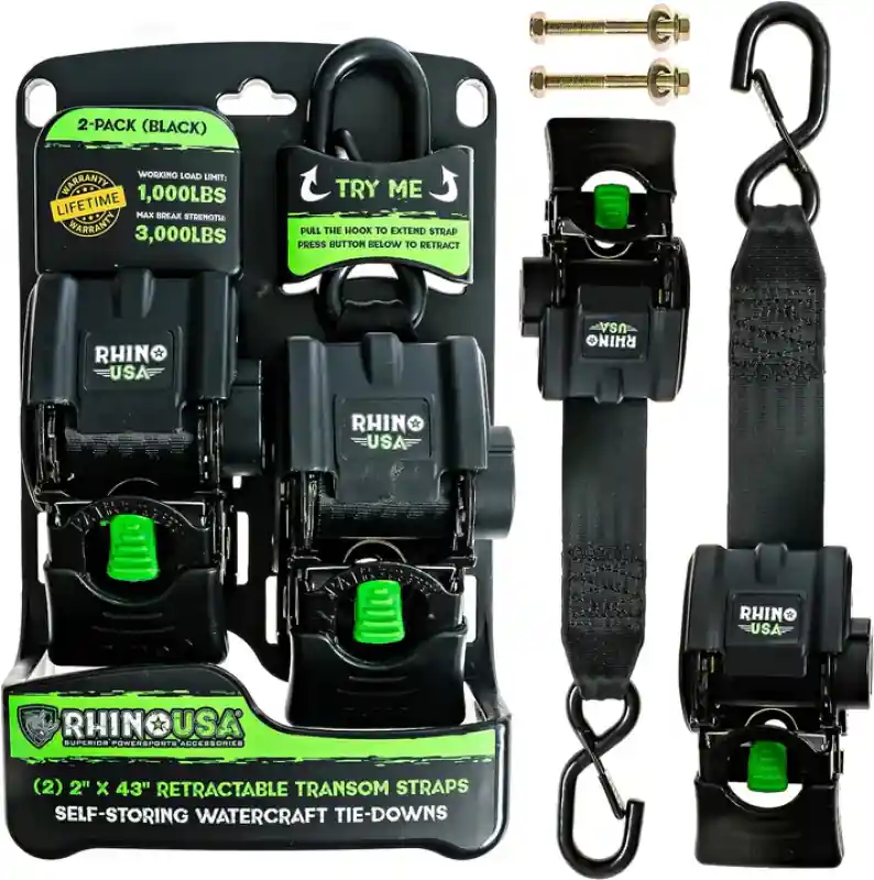 Exclusive Rhino USA Retractable Transom Straps (2 Pack-Black)