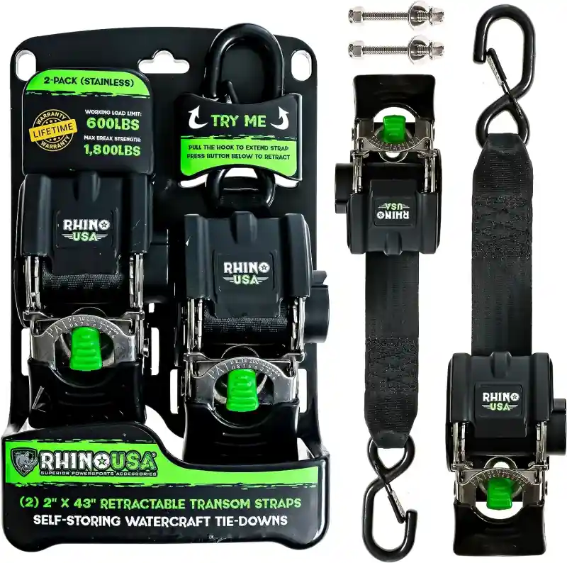 Hassle-Free Returns Rhino USA Retractable Transom Straps (2 Pack-Stainless)