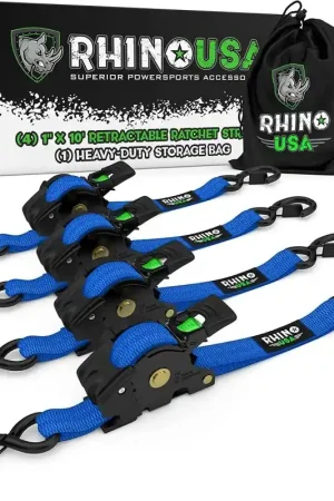 Exclusive Rhino USA Retractable Ratchet Straps (4Pk 1Inx10Ft) (Blue)