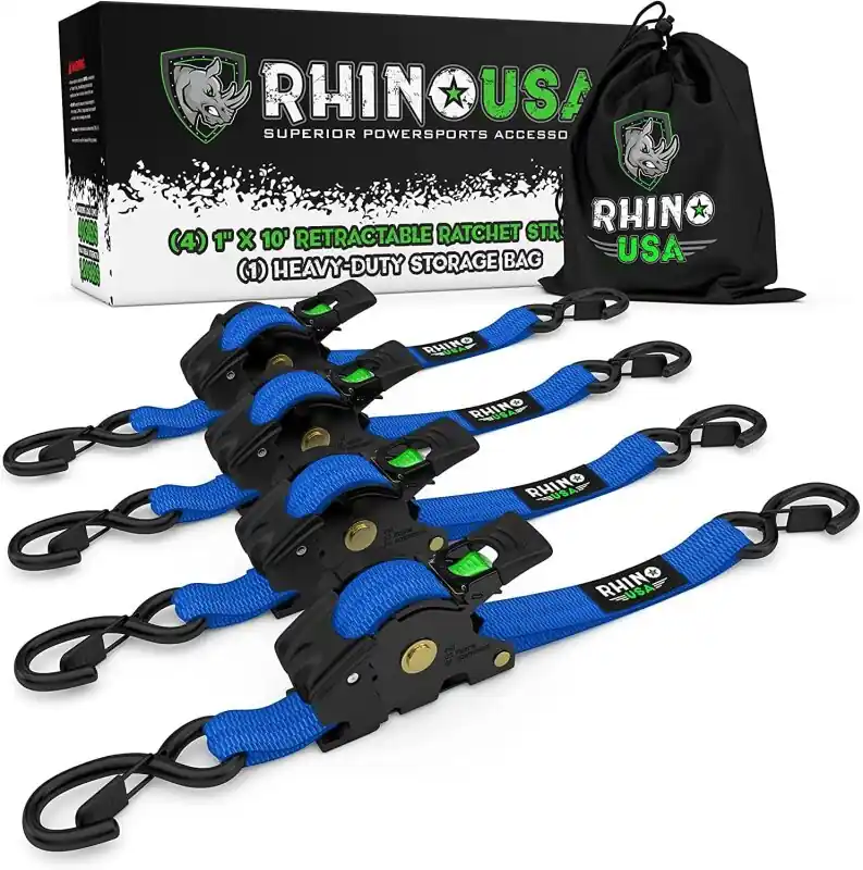 Exclusive Rhino USA Retractable Ratchet Straps (4Pk 1Inx10Ft) (Blue)