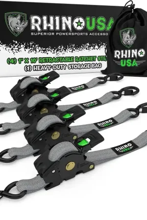 New Arrival Rhino USA Retractable Ratchet Straps (4Pk 1Inx10Ft) (Gray)