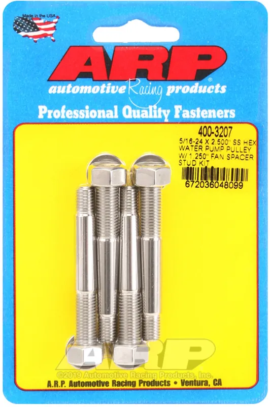 ARP 5/16-24 X 2.500 SS Hex Water Pump Pulley w/ 1.250in Fan Spacer Stud Kit Brand New