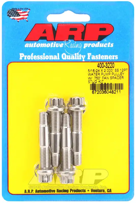 Premium ARP 5/16-24 X 2.000 SS 12pt water pump pulley w/ .750in fan spacer stud kit