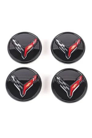 Hot Deal Chevrolet Center Caps w/ Cross Flag Logo, Carbon Flash Black, Set of 4 :: 2005-2026 Corvette